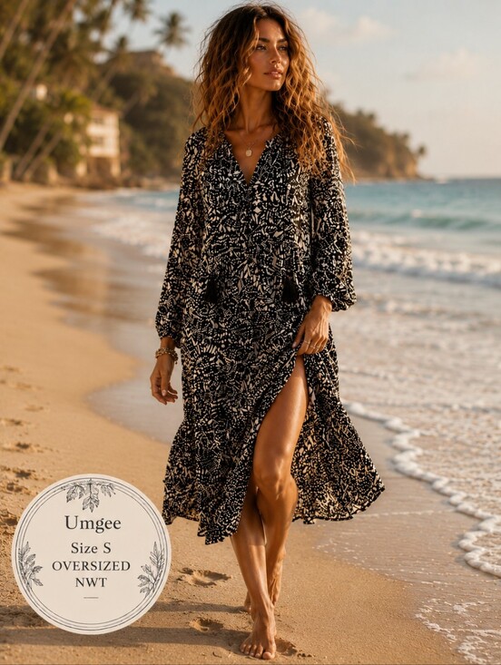 Umgee Dresses & Skirts - Umgee NWT Black & Ivory Abstract Print Tassel Tie Long Sleeve Tiered Midi Dress